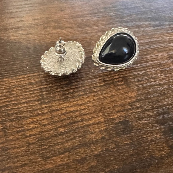 Black and Silver Onyx Stud Earrings - Picture 2 of 2